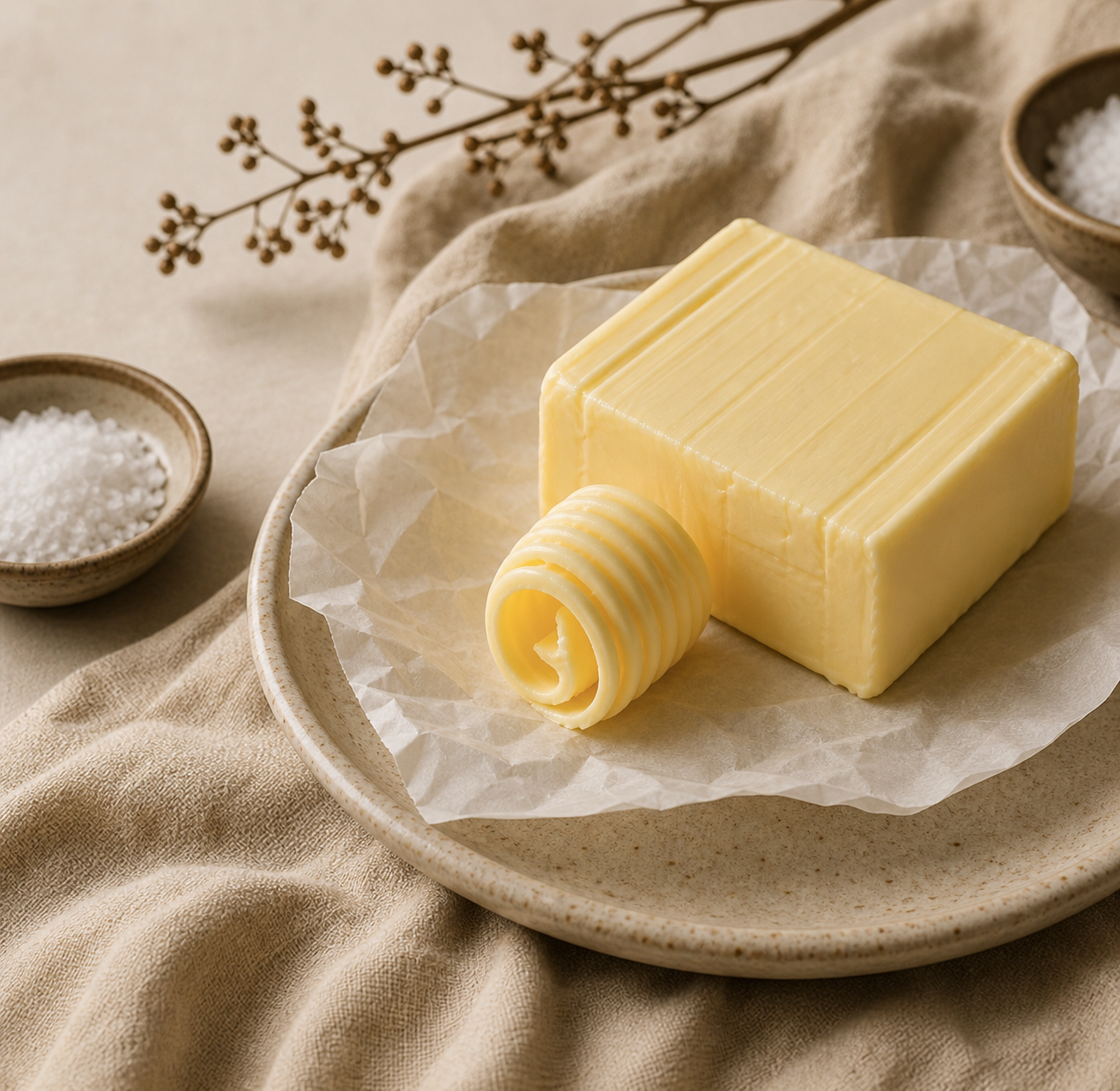 Block of French butter with a butter curl on a ceramic plate beside sea salt